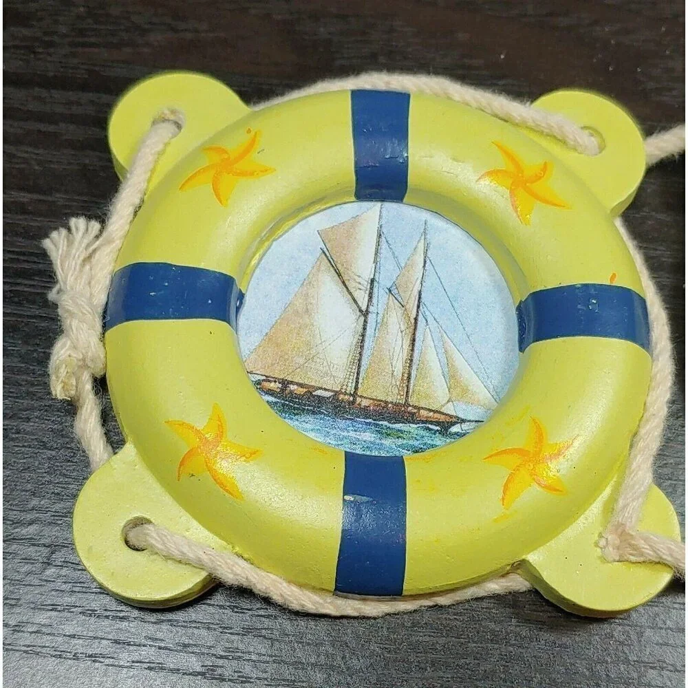 Nautical Wooden Lifebuoy Wall Hangings With Sailboat Designs Set Of 3 Vintage